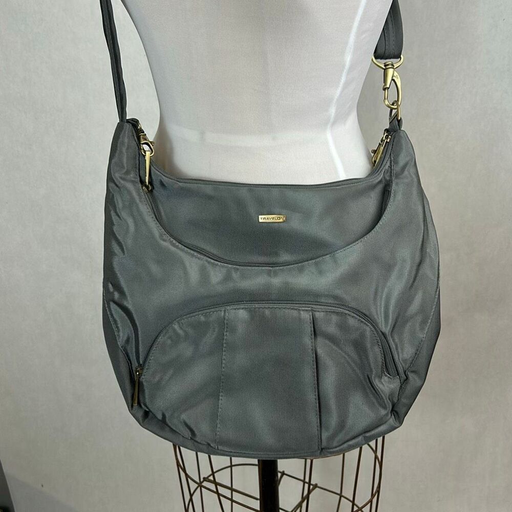 Travelon Hobo Crossbody Travel Bag Purse Gray Adjustable Strap Multi Pockets